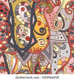 Tracery seamless pattern. Mehndi design. Ethnic colorful doodle texture. Curved doodling background. Vector