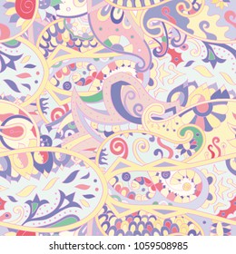 Tracery seamless pattern. Mehndi design. Ethnic colorful doodle texture. Curved doodling background. Vector