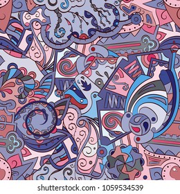 Tracery seamless pattern. Mehndi design. Ethnic colorful doodle texture. Curved doodling background. Vector