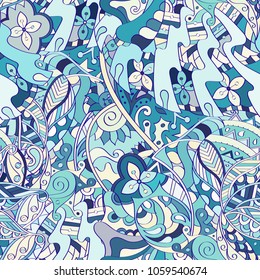 Tracery seamless pattern. Mehndi design. Ethnic colorful doodle texture. Curved doodling background. Vector