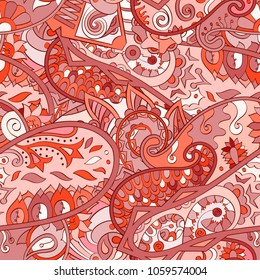 Tracery seamless pattern. Mehndi design. Ethnic colorful doodle texture. Curved doodling background. Vector