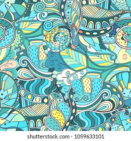 Tracery seamless pattern. Mehndi design. Ethnic colorful doodle texture. Curved doodling background. Vector