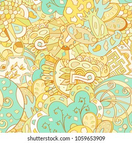Tracery seamless pattern. Mehndi design. Ethnic colorful doodle texture. Curved doodling background. Vector