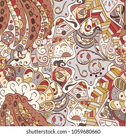 Tracery seamless pattern. Mehndi design. Ethnic colorful doodle texture. Curved doodling background. Vector