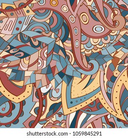 Tracery seamless pattern. Mehndi design. Ethnic colorful doodle texture. Curved doodling background. Vector