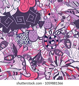 Tracery seamless pattern. Mehndi design. Ethnic colorful doodle texture. Curved doodling background. Vector