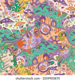 Tracery seamless pattern. Mehndi design. Ethnic colorful doodle texture. Curved doodling background. Vector