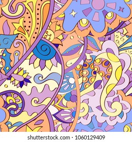 Tracery seamless pattern. Mehndi design. Ethnic colorful doodle texture. Curved doodling background. Vector