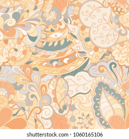 Tracery seamless pattern. Mehndi design. Ethnic colorful doodle texture. Curved doodling background. Vector