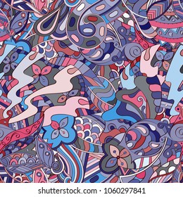 Tracery seamless pattern. Mehndi design. Ethnic colorful doodle texture. Curved doodling background. Vector