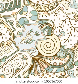 Tracery seamless pattern. Mehndi design. Ethnic colorful doodle texture. Curved doodling background. Vector