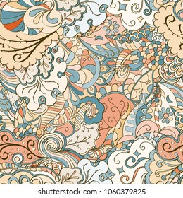 Tracery seamless pattern. Mehndi design. Ethnic colorful doodle texture. Curved doodling background. Vector