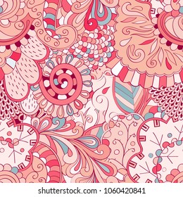 Tracery seamless pattern. Mehndi design. Ethnic colorful doodle texture. Curved doodling background. Vector