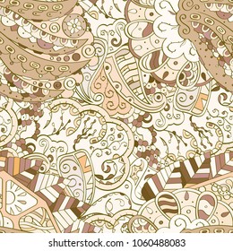 Tracery seamless pattern. Mehndi design. Ethnic colorful doodle texture. Curved doodling background. Vector