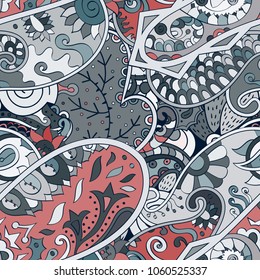 Tracery seamless pattern. Mehndi design. Ethnic colorful doodle texture. Curved doodling background. Vector