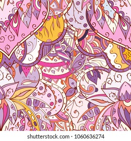 Tracery seamless pattern. Mehndi design. Ethnic colorful doodle texture. Curved doodling background. Vector