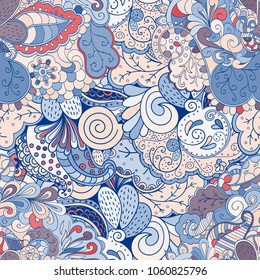 Tracery seamless pattern. Mehndi design. Ethnic colorful doodle texture. Curved doodling background. Vector