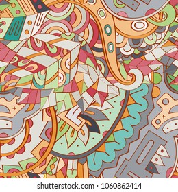 Tracery seamless pattern. Mehndi design. Ethnic colorful doodle texture. Curved doodling background. Vector