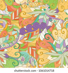 Tracery seamless pattern. Mehndi design. Ethnic colorful doodle texture. Curved doodling background. Vector