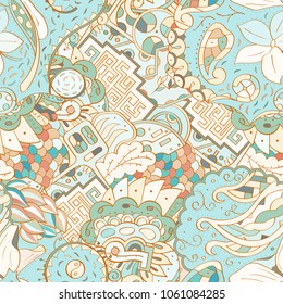 Tracery seamless pattern. Mehndi design. Ethnic colorful doodle texture. Curved doodling background. Vector