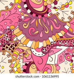 Tracery seamless pattern. Mehndi design. Ethnic colorful doodle texture. Curved doodling background. Vector