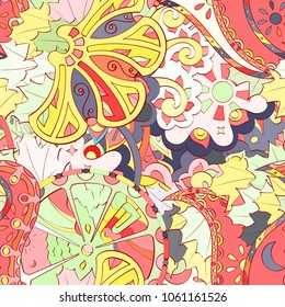 Tracery seamless pattern. Mehndi design. Ethnic colorful doodle texture. Curved doodling background. Vector