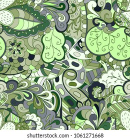 Tracery seamless pattern. Mehndi design. Ethnic colorful doodle texture. Curved doodling background. Vector