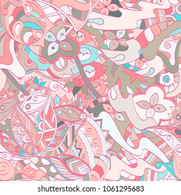 Tracery seamless pattern. Mehndi design. Ethnic colorful doodle texture. Curved doodling background. Vector