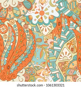 Tracery seamless pattern. Mehndi design. Ethnic colorful doodle texture. Curved doodling background. Vector