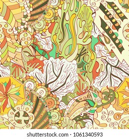 Tracery seamless pattern. Mehndi design. Ethnic colorful doodle texture. Curved doodling background. Vector