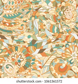 Tracery seamless pattern. Mehndi design. Ethnic colorful doodle texture. Curved doodling background. Vector