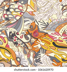 Tracery seamless pattern. Mehndi design. Ethnic colorful doodle texture. Curved doodling background. Vector