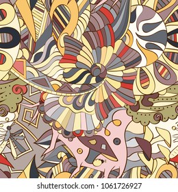 Tracery seamless pattern. Mehndi design. Ethnic colorful doodle texture. Curved doodling background. Vector
