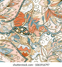 Tracery seamless pattern. Mehndi design. Ethnic colorful doodle texture. Curved doodling background. Vector