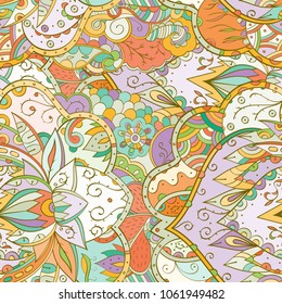 Tracery seamless pattern. Mehndi design. Ethnic colorful doodle texture. Curved doodling background. Vector