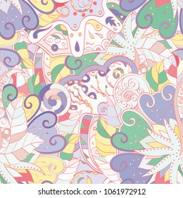 Tracery seamless pattern. Mehndi design. Ethnic colorful doodle texture. Curved doodling background. Vector