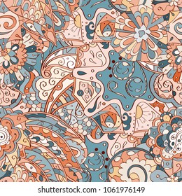Tracery seamless pattern. Mehndi design. Ethnic colorful doodle texture. Curved doodling background. Vector