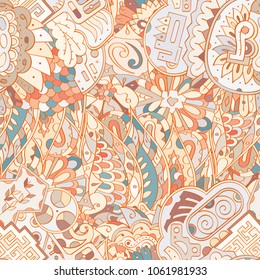 Tracery seamless pattern. Mehndi design. Ethnic colorful doodle texture. Curved doodling background. Vector