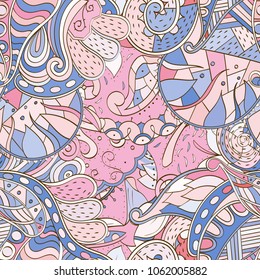 Tracery seamless pattern. Mehndi design. Ethnic colorful doodle texture. Curved doodling background. Vector