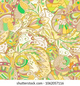 Tracery seamless pattern. Mehndi design. Ethnic colorful doodle texture. Curved doodling background. Vector