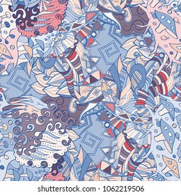 Tracery seamless pattern. Mehndi design. Ethnic colorful doodle texture. Curved doodling background. Vector
