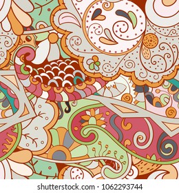 Tracery seamless pattern. Mehndi design. Ethnic colorful doodle texture. Curved doodling background. Vector