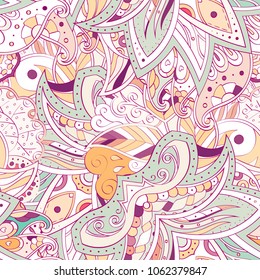 Tracery seamless pattern. Mehndi design. Ethnic colorful doodle texture. Curved doodling background. Vector