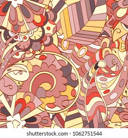 Tracery seamless pattern. Mehndi design. Ethnic colorful doodle texture. Curved doodling background. Vector