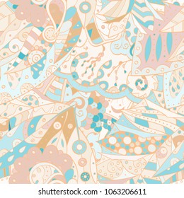 Tracery seamless pattern. Mehndi design. Ethnic colorful doodle texture. Curved doodling background. Vector