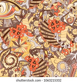 Tracery seamless pattern. Mehndi design. Ethnic colorful doodle texture. Curved doodling background. Vector
