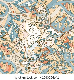 Tracery seamless pattern. Mehndi design. Ethnic colorful doodle texture. Curved doodling background. Vector