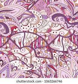 Tracery seamless pattern. Mehndi design. Ethnic colorful doodle texture. Curved doodling background. Vector