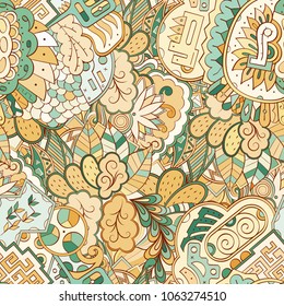 Tracery seamless pattern. Mehndi design. Ethnic colorful doodle texture. Curved doodling background. Vector