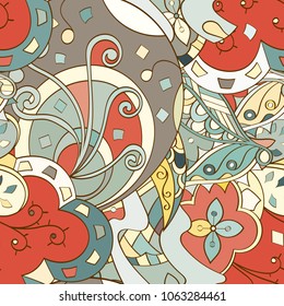 Tracery seamless pattern. Mehndi design. Ethnic colorful doodle texture. Curved doodling background. Vector